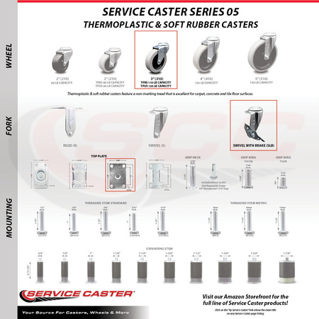 Service Caster 3 Inch Thermoplastic Rubber Wheel Top Plate Swivel Caster with Brake SCC SCC-05S310-TPRS-SLB-TP2